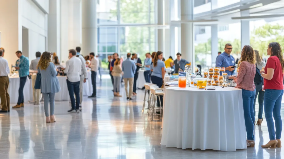 Professionals networking at a corporate food and beverage event with catered refreshments and beverages on display tables.