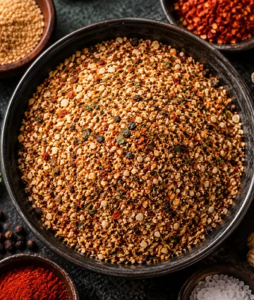 Bulk spice blend mixture in black bowl with individual spice components, ideal for food manufacturers and wholesale suppliers.