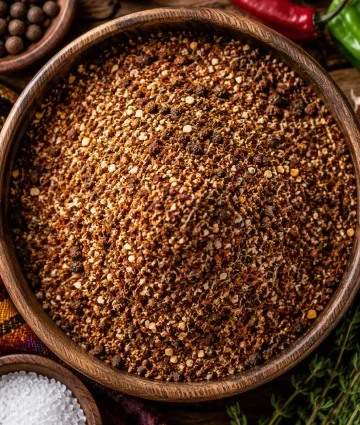 Close-up of bulk jerk spice blend in wooden bowl with visible allspice berries, chili peppers, and herbs for food service wholesale distribution.
