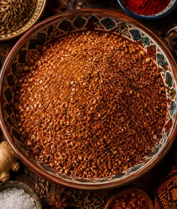 Premium Moroccan spice blend in decorative bowl with cumin, cinnamon, and ginger for wholesale food distributors and manufacturers.
