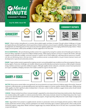 Van Eerden Foodservice commodity trends report showing wheat, soybean oil, sugar, eggs, butter, and cheese market analysis for foodservice distributor