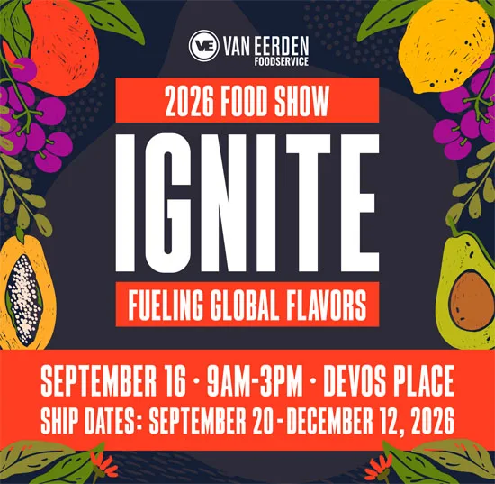 2026 Ignite Food Show promotional poster featuring global flavors, hosted by Van Eerden Foodservice on September 16 at DeVos Place.